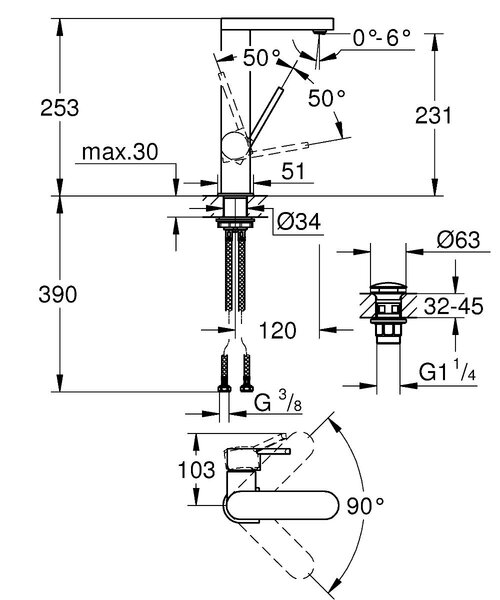 Baterie lavoar Grohe Plus, marimea L, crom, furtune flexibile,